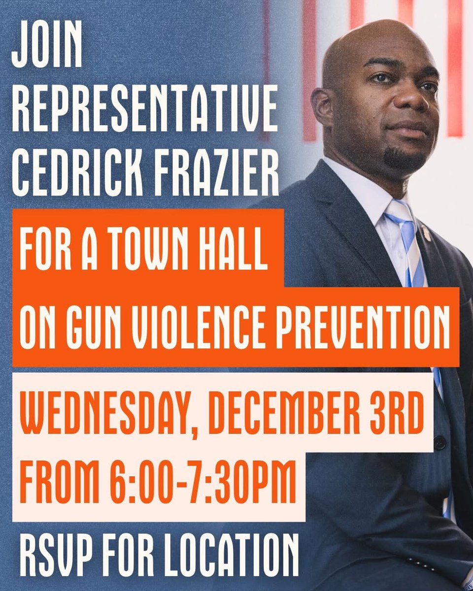 CedrickFrazier's tweet photo. I will be hosting a Community Town Hall on Gun Violence Prevention on Wednesday, December 3, 2025, from 6:00 PM – 7:30 PM. Please RSVP to receive the location details and submit your questions here: https://t.co/OHlS86Fnaw https://t.co/eMEivXYheX