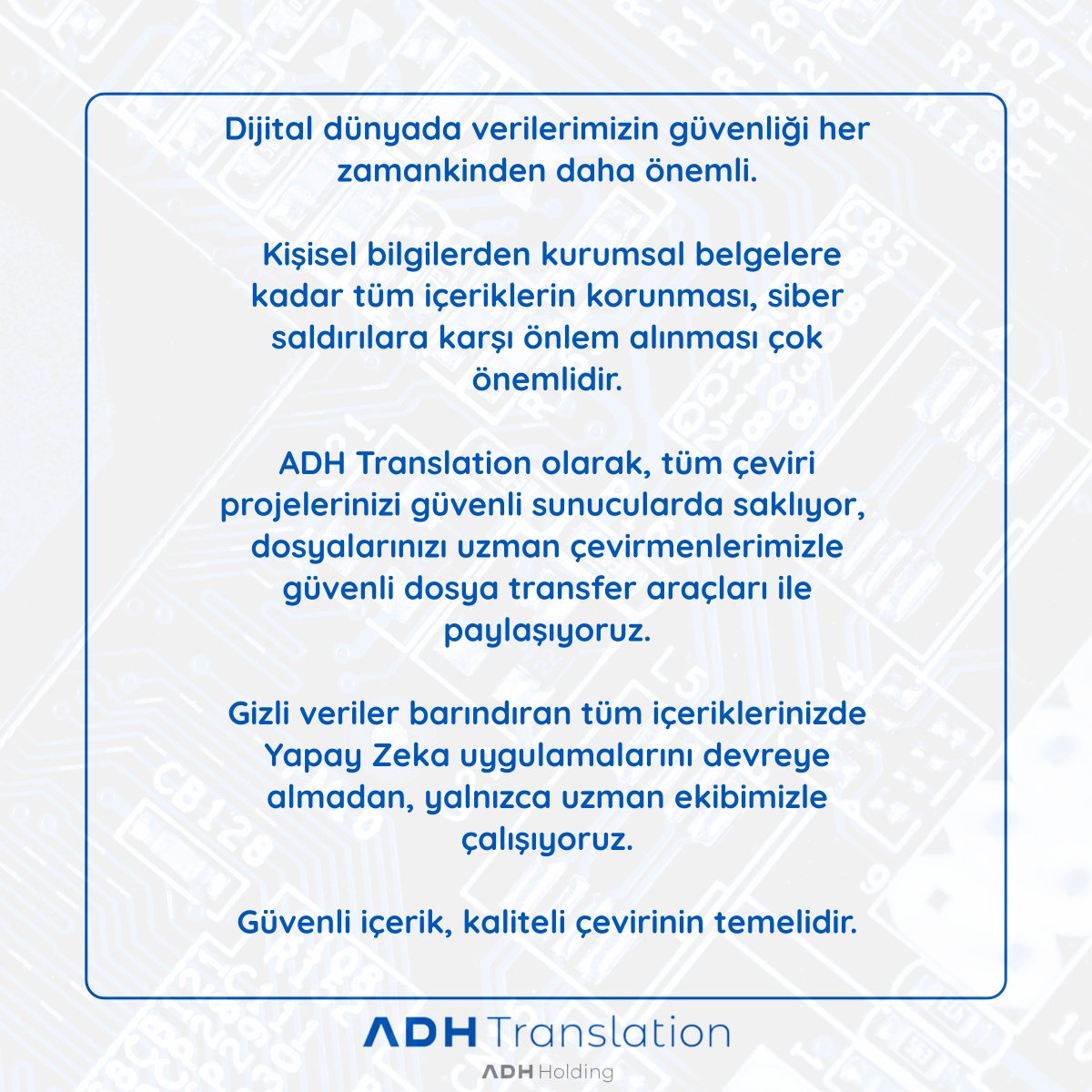 Dijital dünyada güven, doğru korumayla başlar.
ADH Translation olarak verilerinizi güvenli sunucularda saklıyoruz.
Güvenli içerik, kaliteli çevirinin temelidir.

#VeriGüvenliği #GüvenliÇeviri #ProfesyonelÇevirmen #DijitalGüvenlik #ÖncelikGizlilik