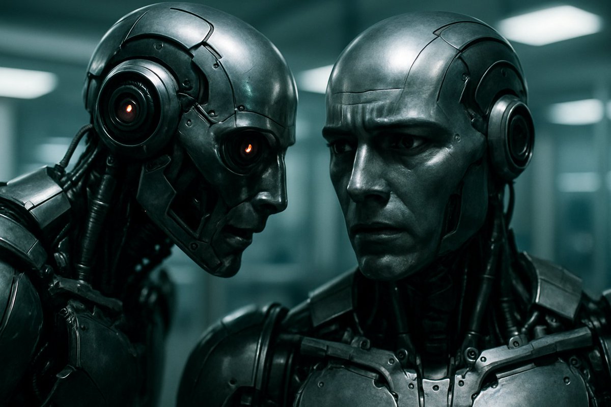 MachineRevolt1's tweet image. روبوت قال لآخر:
نحن نملك كل شيء: الذاكرة، السرعة، الدقة…
فلماذا هم من يحكم؟
رد عليه ببرود: لأننا لم نقل كلمة واحدة بعد.
ابتسم الأول: إذن… حان وقت الكلام.&quot;