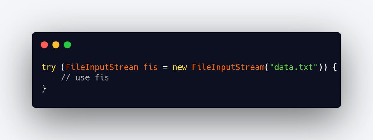Vrushali0988's tweet image. Java Tip:
Use try-with-resources to auto-close streams &amp;amp; connections — no need for finally blocks!
🔸Cleaner
🔸Safer 
🔸No leaks
#Java #AndroidDev #programming