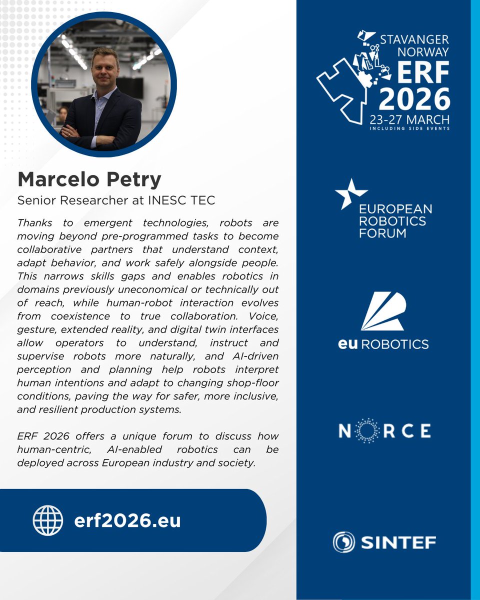 eu_Robotics's tweet image. 🌟 𝐄𝐑𝐅𝟐𝟎𝟐𝟔 𝐒𝐩𝐨𝐧𝐬𝐨𝐫 𝐒𝐩𝐨𝐭𝐥𝐢𝐠𝐡𝐭 — 𝐈𝐍𝐄𝐒𝐂 𝐓𝐄𝐂 🌟

We are delighted to feature INESC TEC as one of our  sponsors of the European Robotics Forum 2026!

Join us at the ERF2026!
📅23–27 March 2026 in 
📍Stavanger, 🇳🇴
🌐erf2026.eu