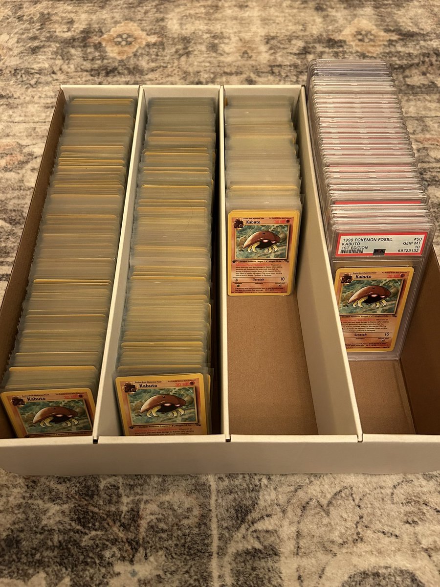 0xSammy's tweet image. &quot;Kabuto King&quot; is monopolizing the 1st edition Fossil Kabuto Pokemon Cards

The problem with having a single collector holding the bulk of a card is centralization risk

As @waleswoosh will recall, it&apos;s why so much focus was placed on the holder ratio with NFTs

This price is…