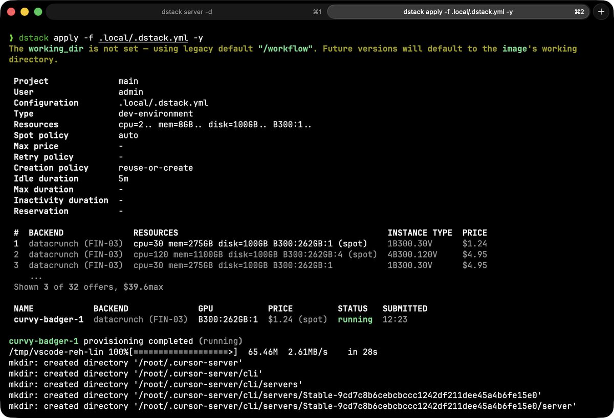 Early access: B300 (Blackwell Ultra) VMs are now available on <a href="/verdacloud/">Verda (formerly DataCrunch)</a> (former DataCrunch) via dstack.

* Available on both on-demand and spot
* Up to 8× GPUs per VM
* Pricing: $4.95/h on-demand, $1.24/h spot

If you need Blackwell nodes for training, eval or inference, you