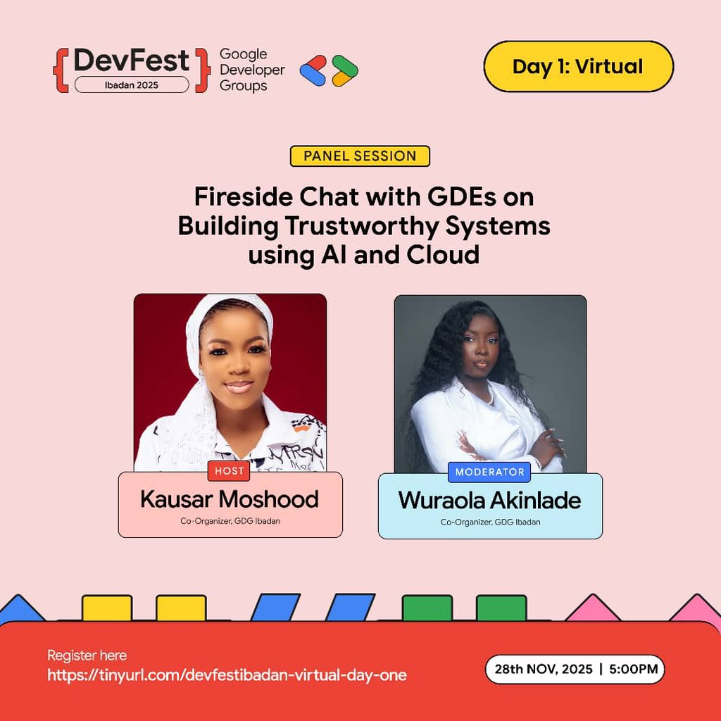 Introducing our Moderator <a href="/Wuraolakinlade/">Wuraola 🌹</a> and our Host <a href="/KausarMoshood/">Kausar💙</a> for our Fireside Chat happening virtually at 5pm today!!!!

Building Trustworthy Systems with AI &amp; Cloud needs people sharp enough to steer the hard questions and smooth enough to keep the conversation flowing.
