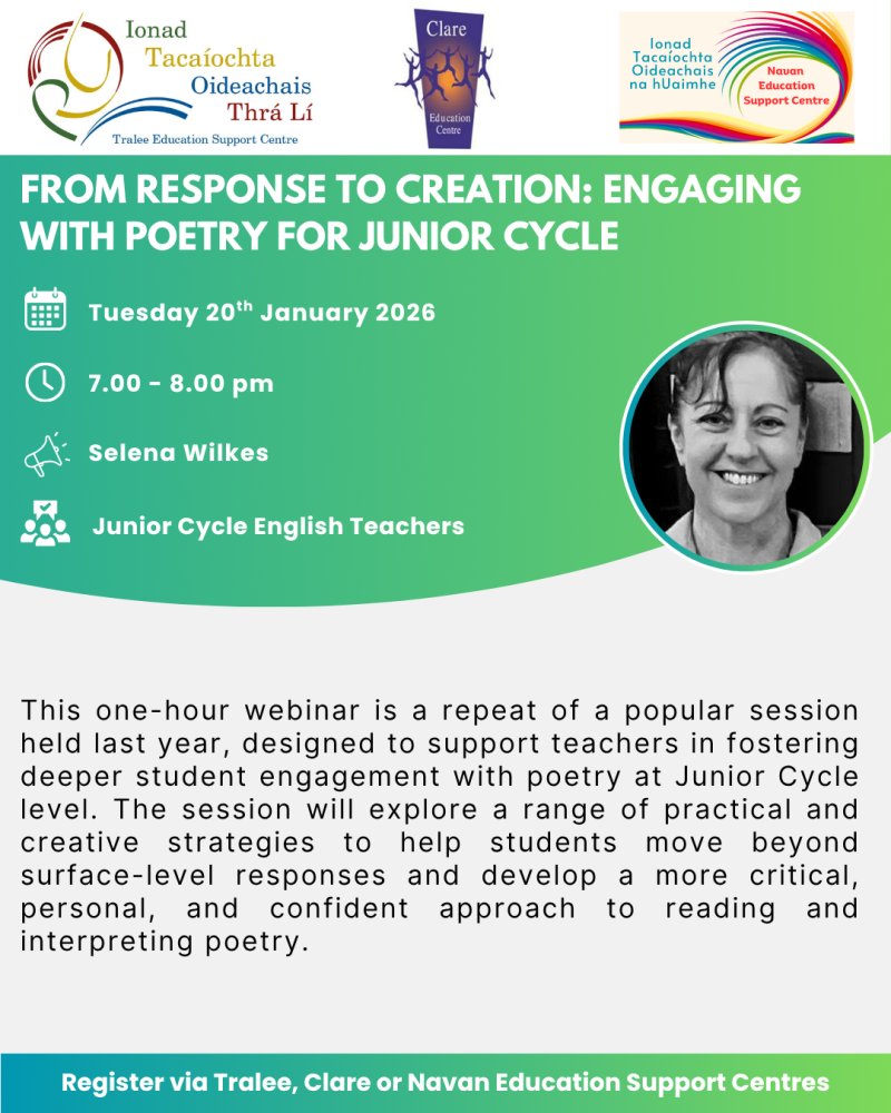TraleeESC's tweet image. 🌟From Response to Creation: Poetry for Junior Cycle🌟
Creative strategies to help JC students engage deeply with poetry. With experienced teacher &amp;amp; examiner Selena Wilkes.

📅 Tuesday, 20th January 2026
⏰ 7:00pm – 8:00pm
💻 Zoom

🔗Register: zoom.us/webinar/regist…