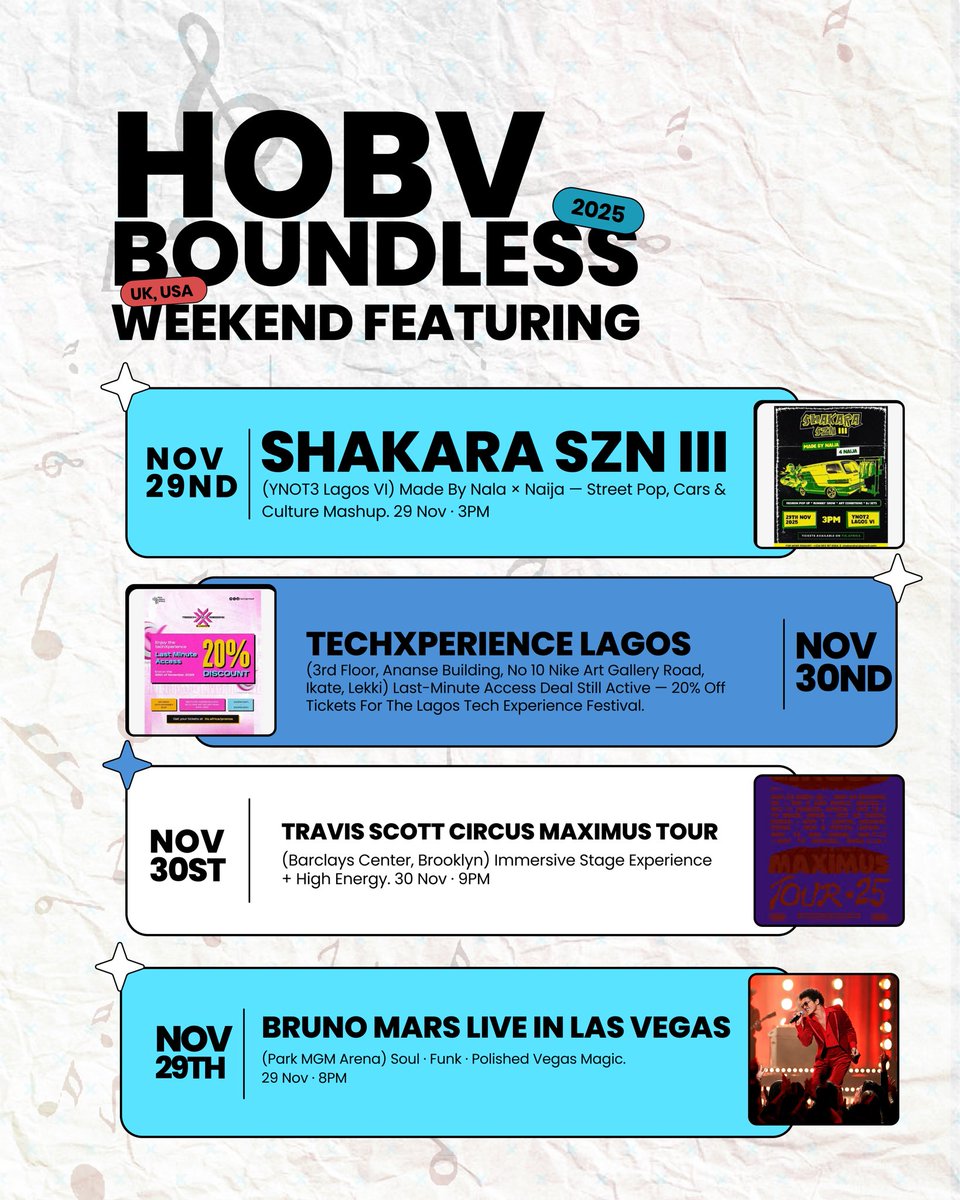 hofbvibes's tweet photo. HOBV Boundless Weekend
From rooftop nights to silent discos, suya raves & full-black Monochroma the city is pumping all weekend.
Pick your vibe.
#HOBVWeekendGuide #HOBV #Weekendvibe https://t.co/twsZfVUwNt