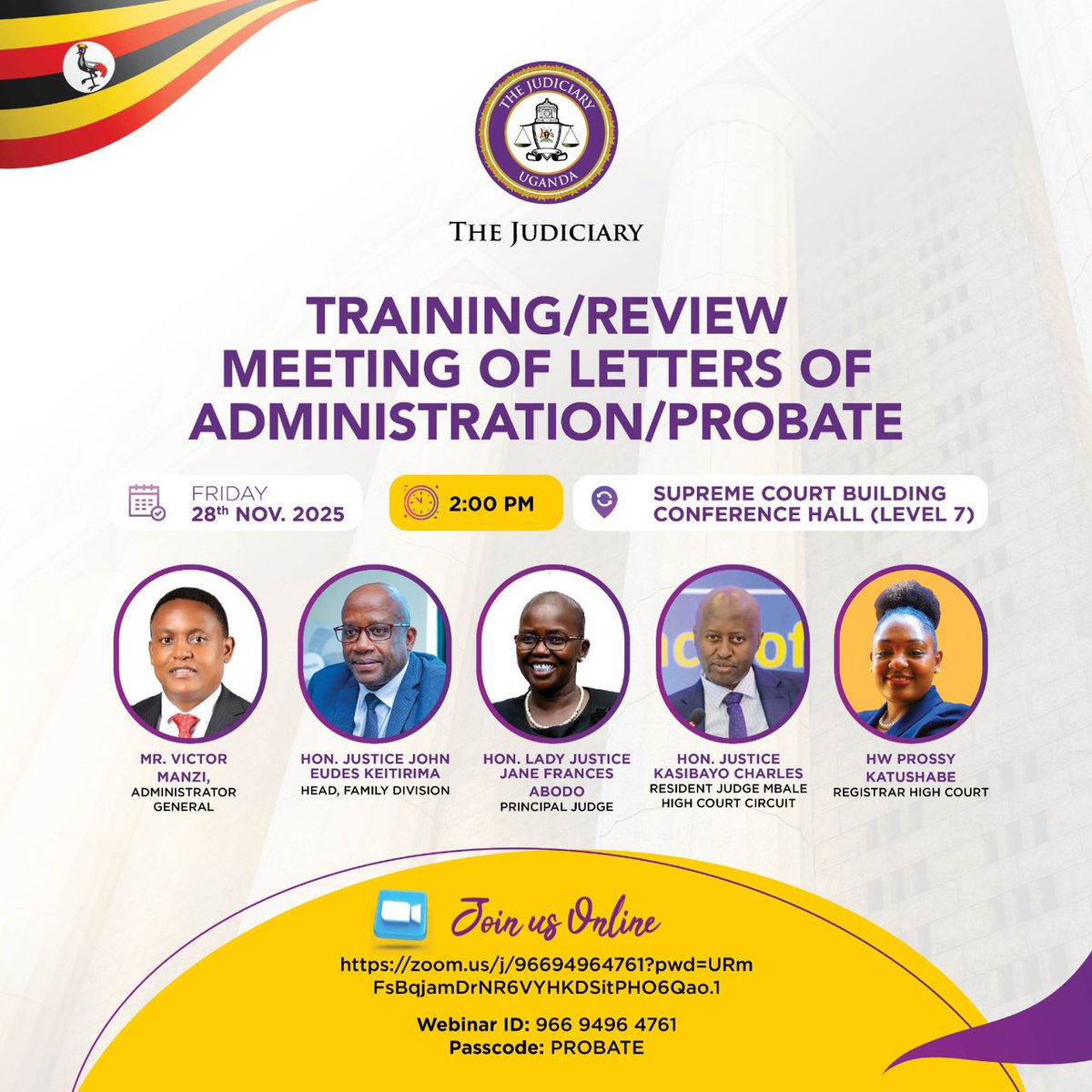 Follow the engagement on the links below;

*YouTube:* youtube.com/live/_-K3_VYfs…

*Zoom:* Join from PC, Mac, iPad, or Android:
zoom.us/j/96694964761?…

 *Webinar ID: 966 9496 4761* 
 *Passcode:PROBATE*