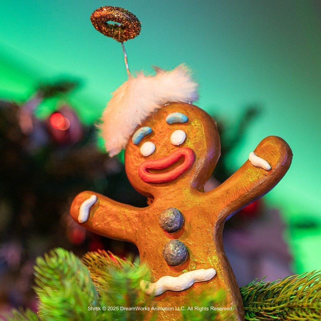 Debating whether to put Gingy at the top of our tree as he is an angel, or at the bottom because he's such a gift? 🎁 #shrekchristmas