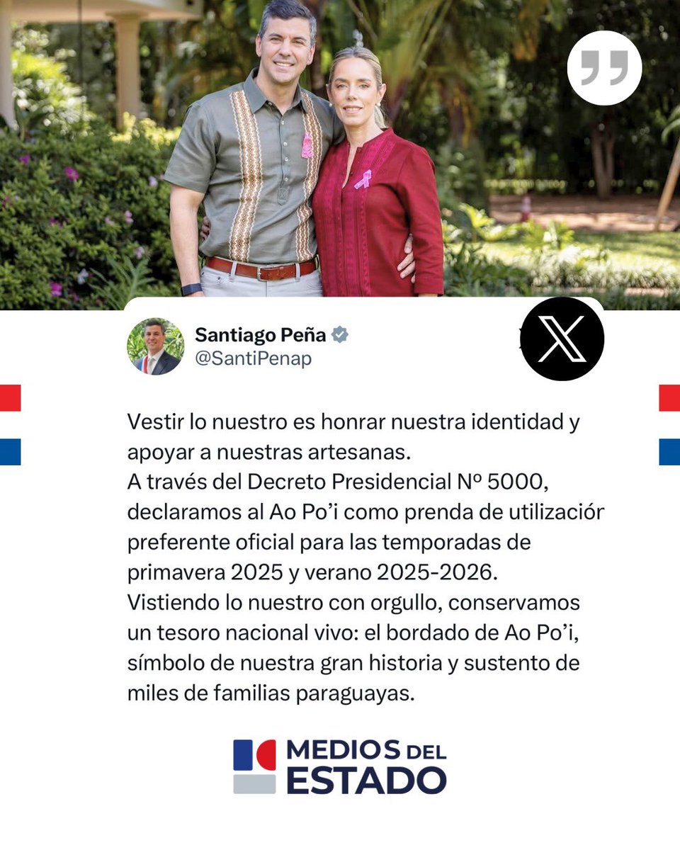 ParaguayTVHD's tweet image. A través del Decreto Presidencial Nº 5000, se declara al Ao Po’i como prenda de utilización preferente oficial para las temporadas de primavera 2025 y verano 2025-2026. Vistiendo lo nuestro, conservamos un tesoro nacional vivo: el bordado de Ao Po’i.