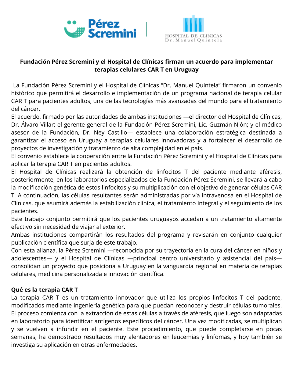 Fundación Pérez Scremini y el Hospital de Clínicas firman un acuerdo para implementar terapias celulares CAR T en Uruguay