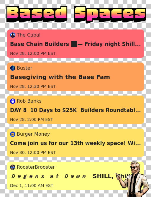 BitHomepage's tweet image. Touch @base spaces hosted by @TheBasedCabal @BasedBusterCoin @banksonbase @BurgersOnBase @RoosterBroost3r