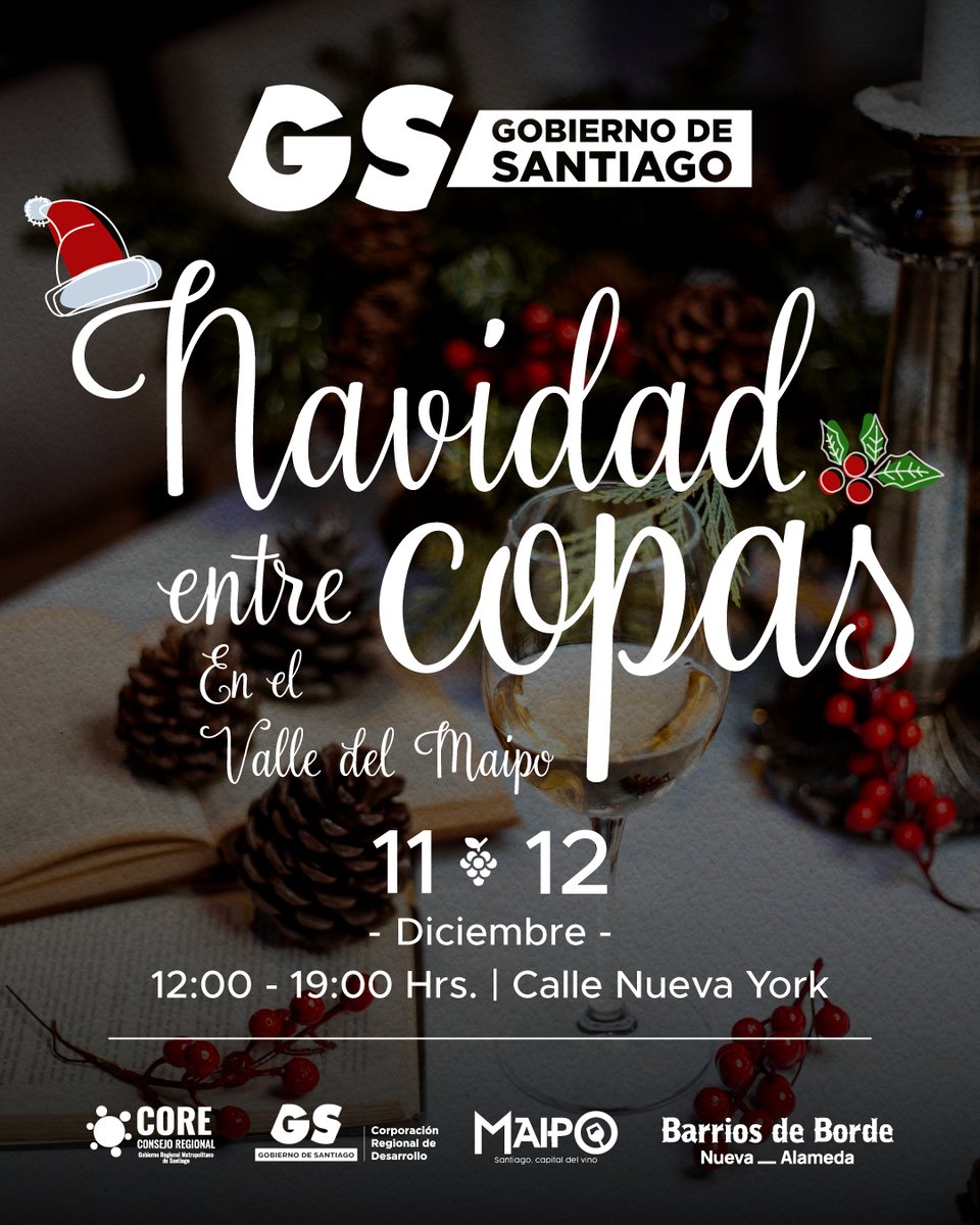 ¡Se acerca navidad y qué mejor que empezar a hacer la previa con actividades que sigan recuperando la ciudad para las personas!

Este 11 y 12 de diciembre, te invitamos a vivir la experiencia Navidad Entre Copas, junto al #ValledelMaipo_ en calle Nueva York. 

¡Te esperamos!