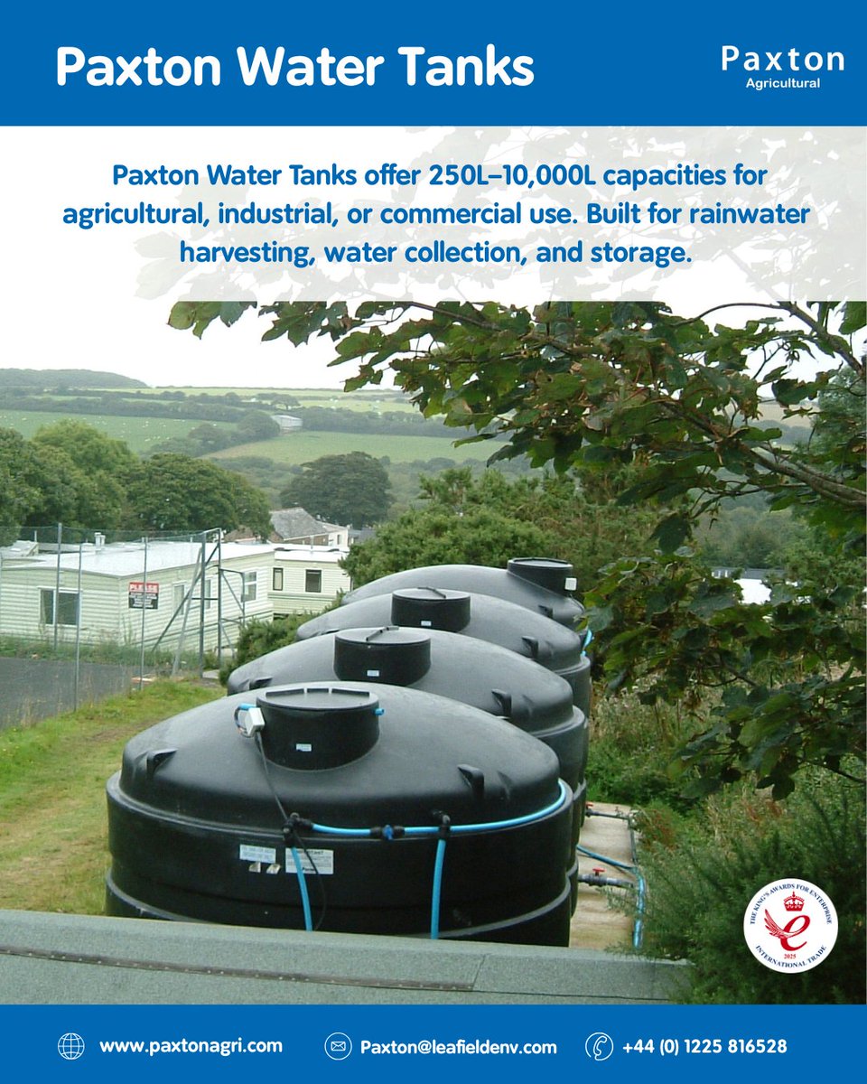 Paxton water tanks are UK made and WRAS approved, designed for rainwater harvesting and storage. Available from 250L to 10,000L in above or underground options.

Find out more 👇
paxtonagri.com/product-catego…

#agriculture #watertanks #ukmade