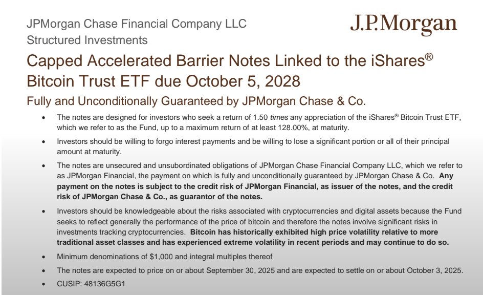 BullTheoryio's tweet image. JP  MORGAN IS MOVING BITCOIN INTO THE $318 TRILLION BOND MARKET.

JP  Morgan has launched a new structured note that gives investors exposure to Bitcoin through BlackRock’s spot ETF (IBIT).

This matters because it pulls Bitcoin directly into the traditional bond and fixed-income…