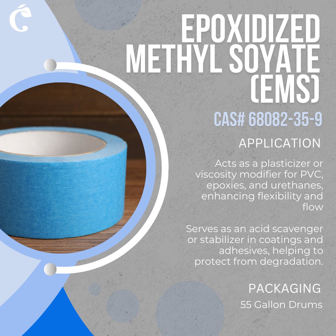 ChemCeed's tweet image. 🌿 EMS is a sustainable, high-performance bio-based ester that offers multiple formulation benefits.

🔗 chemceed.com/products/epoxi…

#FeatureFriday #EMS #EpoxidizedMethylSoyate #BioBasedEster #Plasticizer #CoatingAdditive #ZeroVOC #LubricantAdditive #ChemicalSupplier