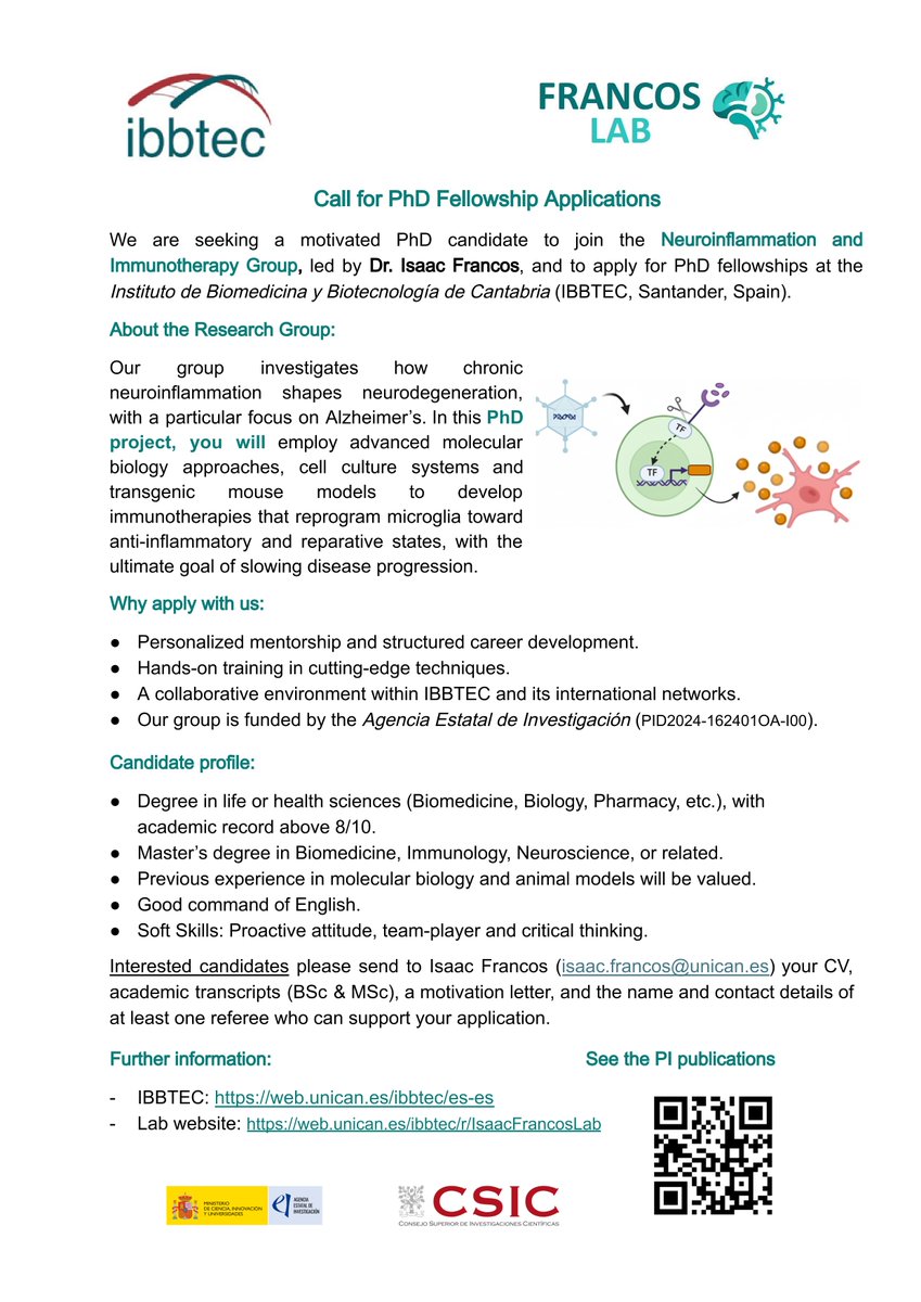 I_Francos's tweet image. ‼️We are seeking a motivated PhD candidate to join the Neuroinflammation and Immunotherapy Group and to apply for PhD fellowships at the @IBBTEC 👇👇👇