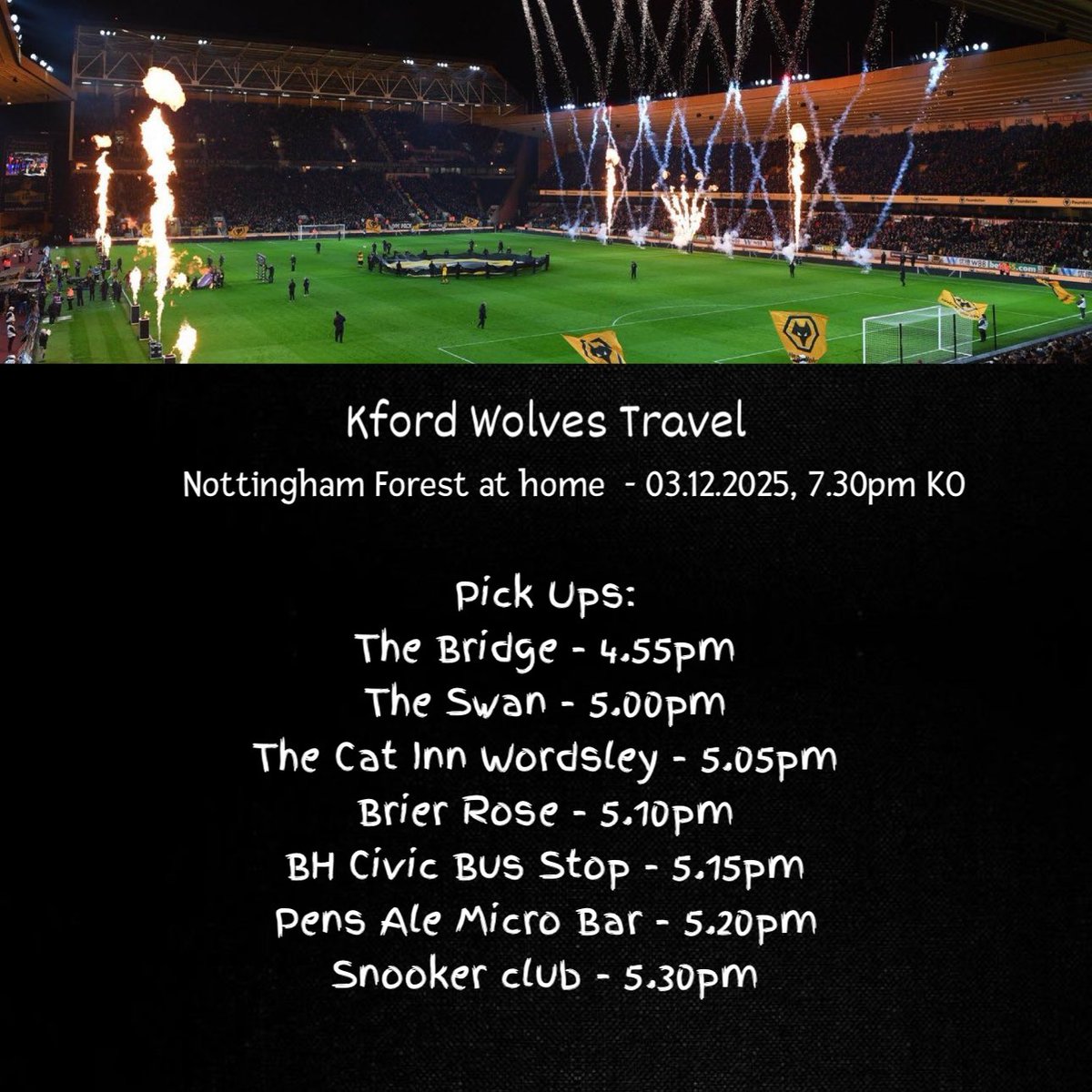 kfordwolves's tweet image. We are running a coach for our mid week fixture next week against Nottingham Forest and the times can be found below 🐺 

#kfordwolves #wolves #wwfc #hometravel