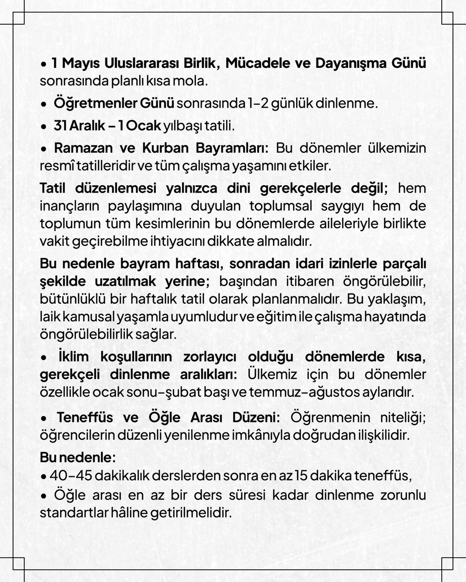 kademozbay_'s tweet photo. Eğitim süreci, derslerin içeriği ve süresi, teneffüs düzeni ve tatil hakkı; bilimin ve toplumsal yararın alanıdır.
Hiçbiri tarikat taleplerine, sermaye beklentilerine, turizm takvimine ya da günübirlik keyfî kararlara göre şekillendirilemez.

Tatil bir haktır; ancak bu hak, öğretmene seminer adı altında ideolojik yükleme yapılan, öğrencinin dinlenmesini gözetmeyen bir araca dönüştürülemez.
Tatil; propaganda değil, öğrenme bütünlüğünü ve öğretmenin mesleki iyilik hâlini destekleyen bir süreç olmalıdır.

Çocuğun öğrenme ritmini, öğretmenin emeğini ve eğitimin bütüncül yapısını korumak; bilim dışı her müdahaleye karşı söz söylemek sendikaların temel görevidir.
Bu nedenle bir sendika başkanı ve sendika yöneticileri, eğitime dair bir konuda sessiz kalamaz; “bu konuda sözümüz yok” diyemez.
Eğitim, “kim ne istiyorsa ona göre” değil; çocuğun üstün yararı ve eğitim biliminin gereği doğrultusunda planlanmalıdır.

Eğitime dair ve ülkemiz için doğru tatil planlamalarıyla ilgili değerlendirmelerimiz, aşağıdaki görsellerde ayrıntılı biçimde yer almaktadır; eğitim bilimi temelli bu yaklaşım, eğitimin gerçek bileşenleriyle — öğretmenlerle, öğrencilerle ve uzmanlarla — birlikte değerlendirilmeye açıktır.