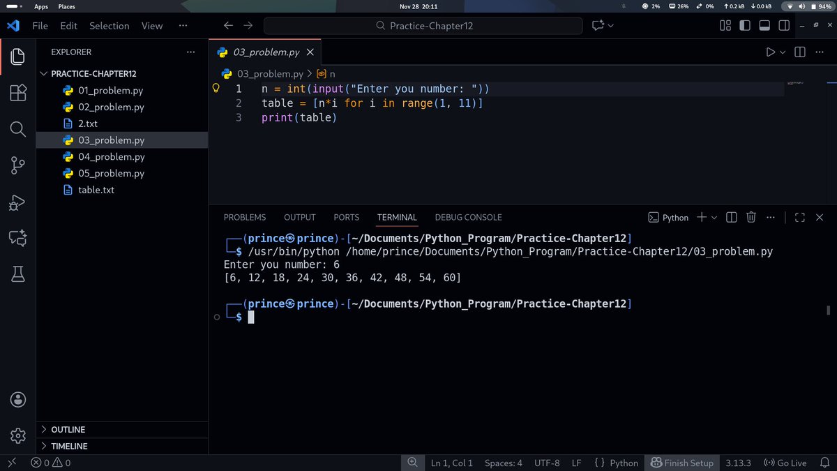 PrinceKush31873's tweet image. Learn Python list comprehension easily! This simple code generates a multiplication table instantly. Perfect for beginners improving coding skills. #Python #Coding #LearnToCode #Practice #pythonprogramming #pythonlearning