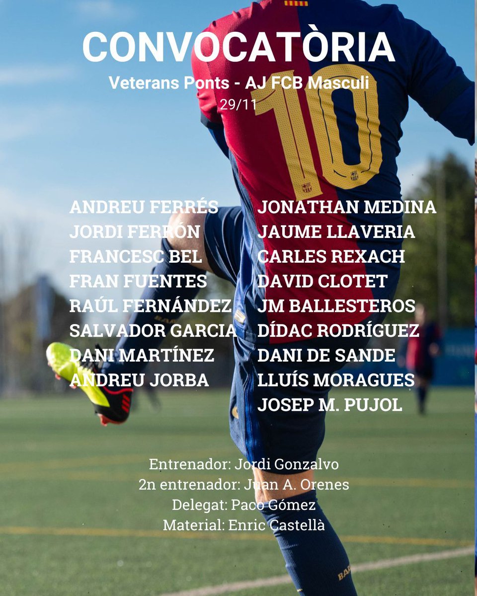 🔥 CONVOCATÒRIA AJ FCB Masculí 🔵 🔴 

Aquest és l'equip de l'Agrupació que jugarà dissabte 29/11 a Ponts a favor de La Marató.