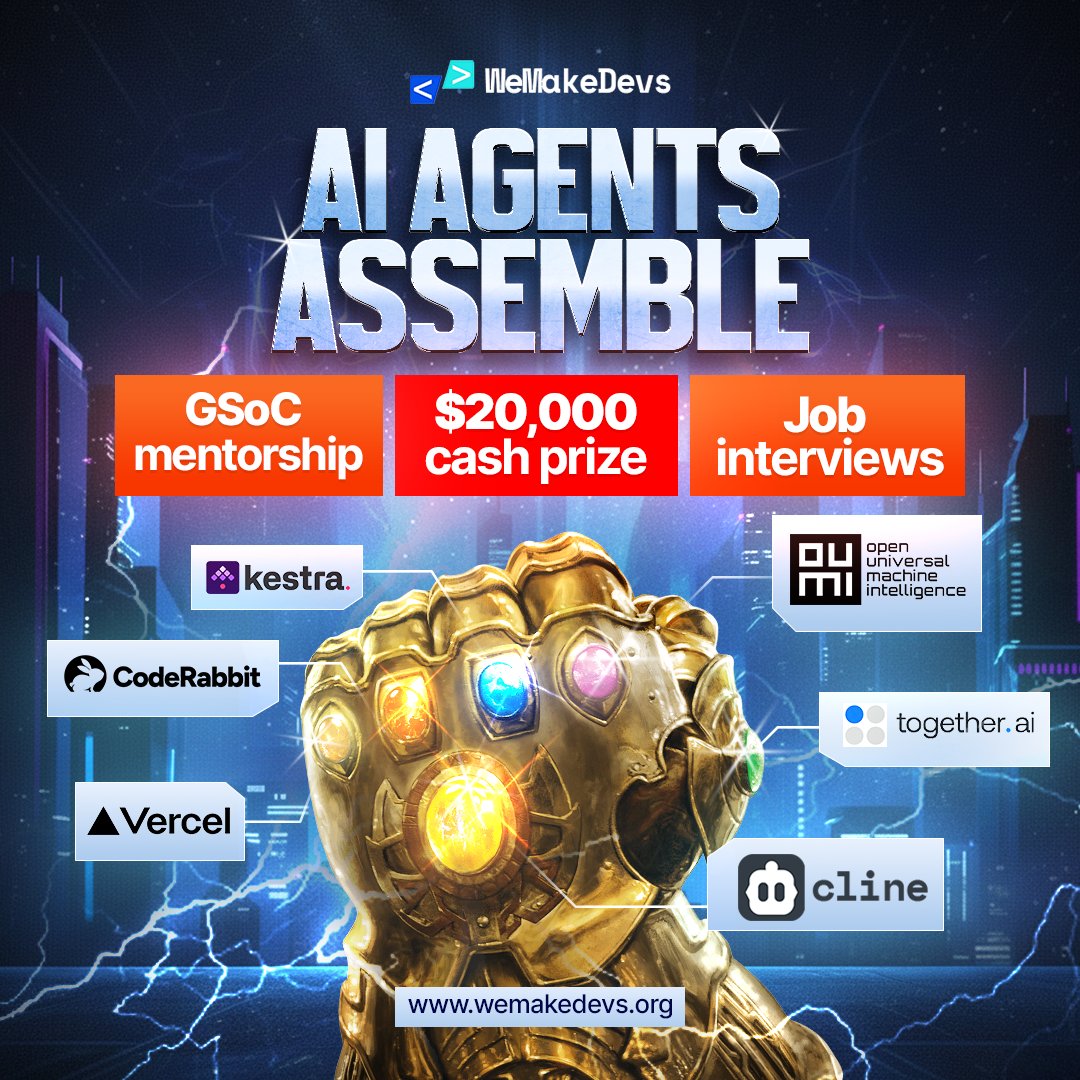 kunalstwt's tweet image. It’s here. AI Agents Assemble, the biggest WeMakeDevs hackathon so far.

$20,000 (₹18 lakh) in cash prizes 💰 Winners get job interview opportunities. Everyone who participates gets Google Summer of Code mentorship ☀️

First place alone wins $10,000 cash 🥇

Powered by some of…