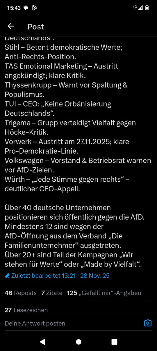 Hier eine Liste von Unternehmen, welche sich eindeutig gegen die AfD ausgesprochen und damit für demokratische Werte eingesetzt haben: