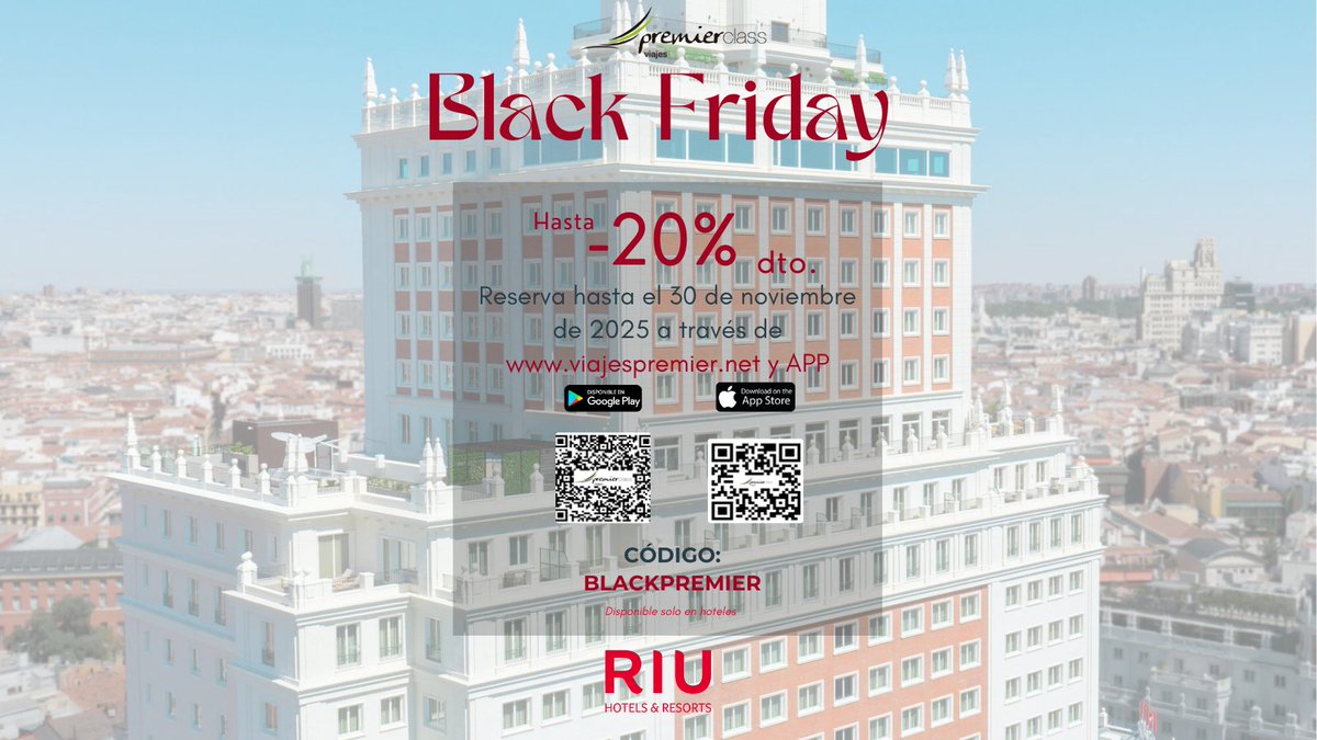 ☀️ Black Friday en RIU Hotels☀️
Hasta -20% de descuento para tu escapada perfecta.
Reserva ahora desde nuestra web o app. 🏖️
👉viajespremier.net/hoteles