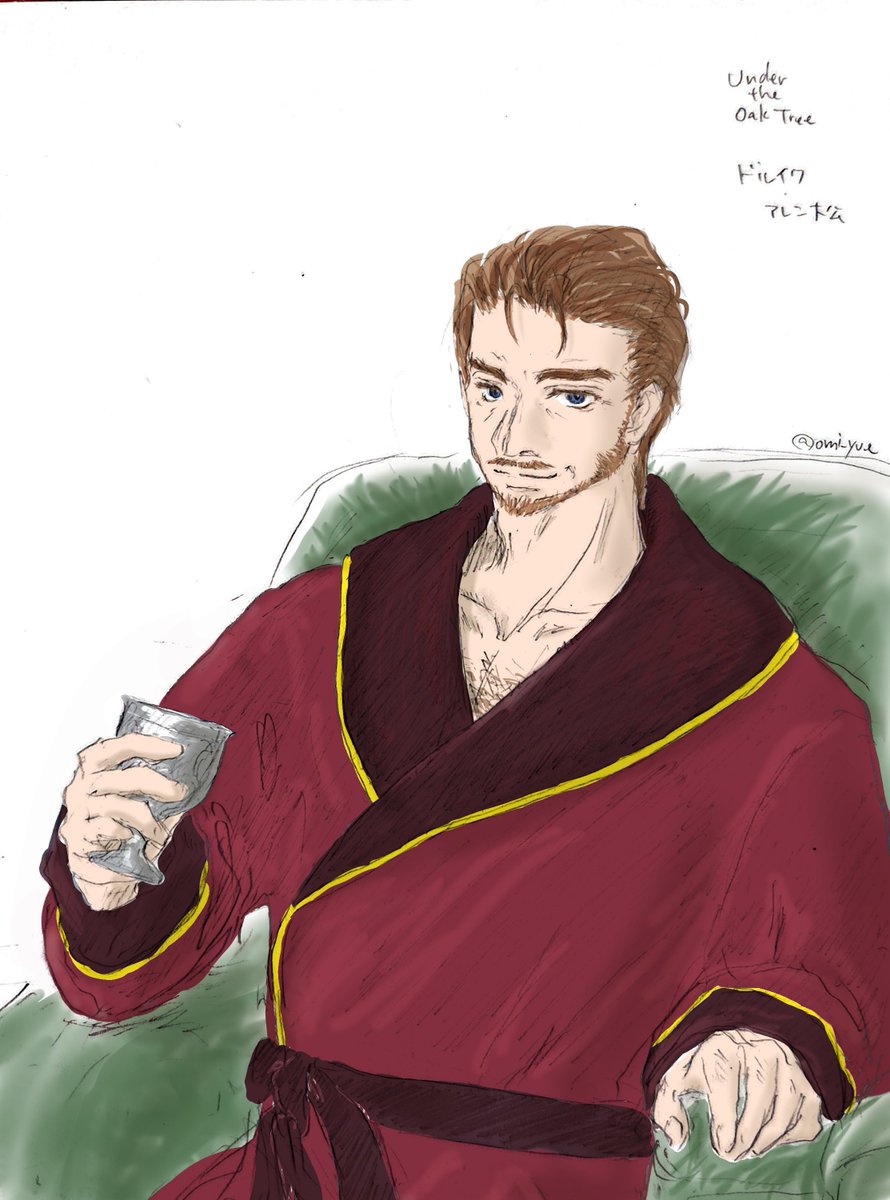 omi_yue's tweet image. #undertheoaktree 
#オークの樹の下
最後にアレン大公。オーク男子朝の情景。

絵に小説を付けて下さるという、はんさんの素晴らしい企画でした。ツリーに小説のpixivのパスを貼っておきます。