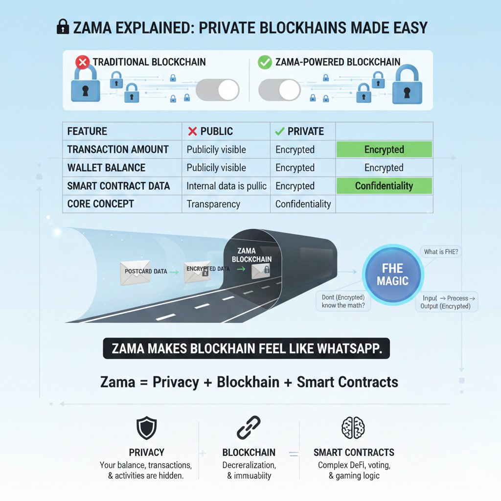 0ximgmi's tweet image. I&apos;m on a mission: To educate everyone about @zama in a simple way.
Here&apos;s my 1st educational post about ZAMA.

📌 What Zama Actually Is (Easy Explainer)

Most people hear “Zama” and instantly think “complicated cryptography stuff.”
But actually… Zama is quite simple to…