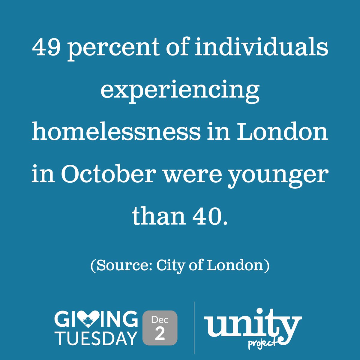 UnityProjectLdn's tweet image. ❗️ 49 percent of individuals experiencing homelessness in London in October were younger than 40. ❗️

***
All gifts this @GivingTuesdayCa will be matched by Ron and Susan Holliday up to $5K! Join us Dec 2 for a day of kindness at 717 Dundas St: unityproject.ca/giving-tuesday #LdnOnt