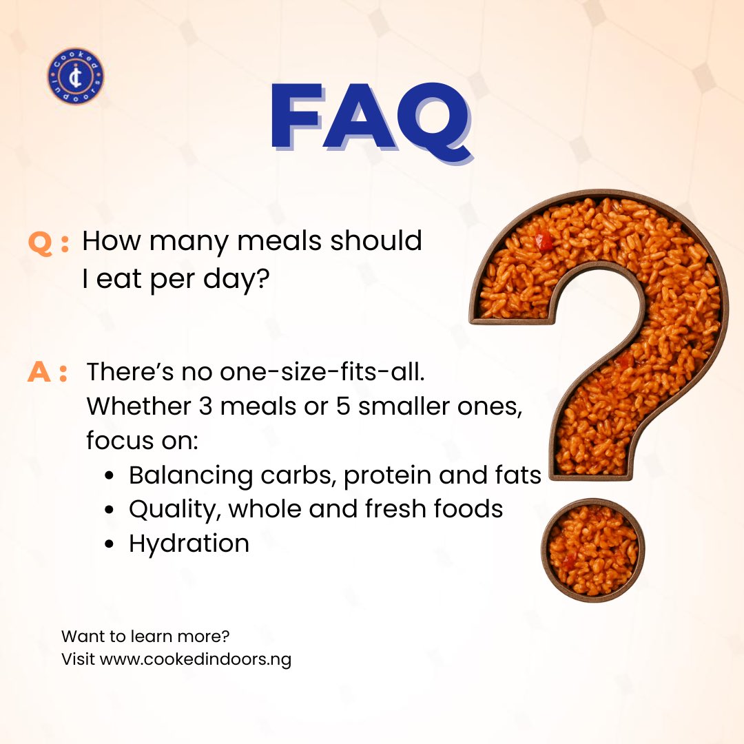cookedindoorshq's tweet image. How many meals should I eat per day?” is one of the most common nutrition questions. 

The truth: there’s no magic number. 
What matters most is quality, balance, and consistency in your meals.

Want to learn more?
Visit cookedindoors.ng