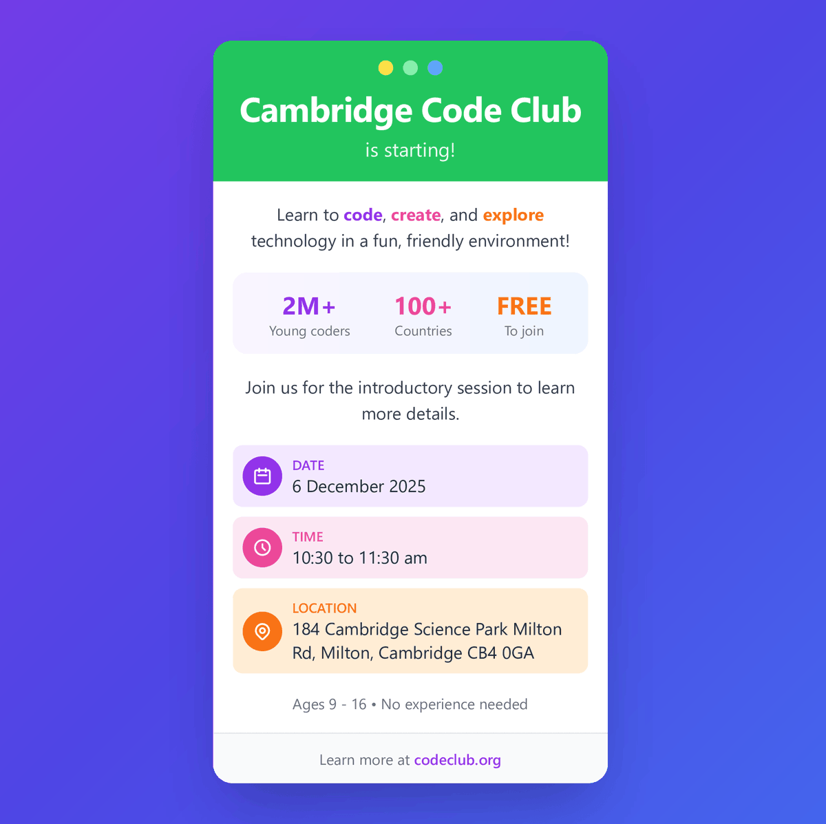 BradfieldCentre's tweet image. The first Kids Code Club session will be held on Saturday 6th December 10:30-11:30am, at The Bradfield Centre. Ideal for children aged between 9 - 16yr olds. 
You can learn more here - 
codeclub.org/en/clubs/5a81d…

#kidscodeclub #events