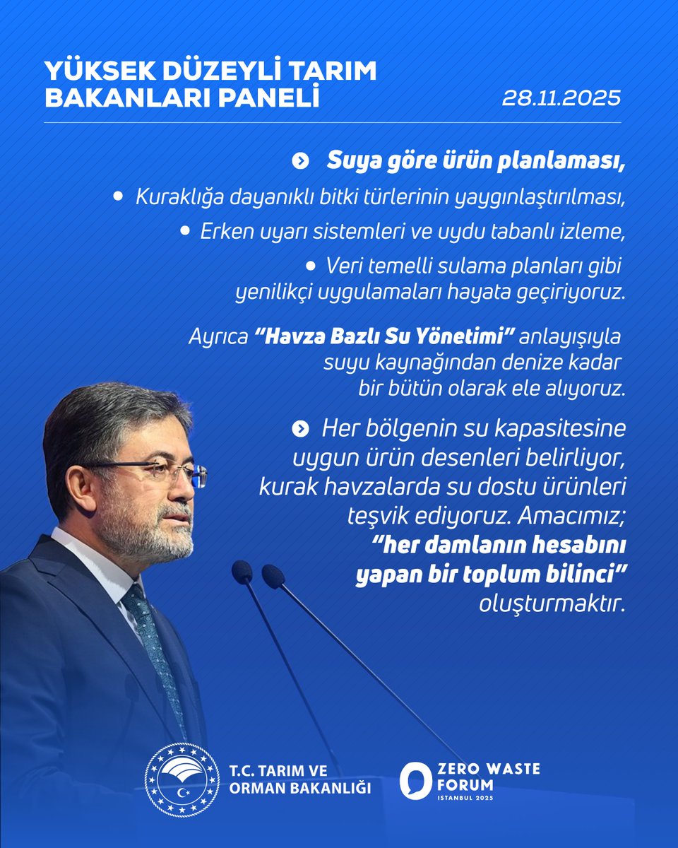 Bakanımız Sayın <a href="/ibrahimyumakli/">İbrahim Yumaklı</a>:

❝Amacımız her damlanın hesabını yapan bir toplum bilinci oluşturmaktır.❞

#ZeroWasteForum

📍 İstanbul | Yüksek Düzeyli Tarım Bakanları Paneli