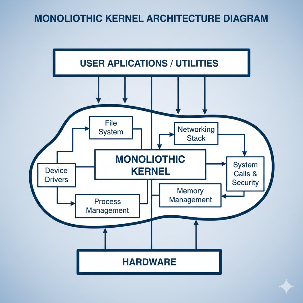 kant_harsh2308's tweet image. #Day2_of_learning_kernel_development

Think of a Monolithic Kernel like a giant open-plan office. 
​All the core departments—drivers, file system, memory management—work in the same room (Kernel Space).
​ Pro: Communication is super fast (high performance).
​#Linux #TechExplained