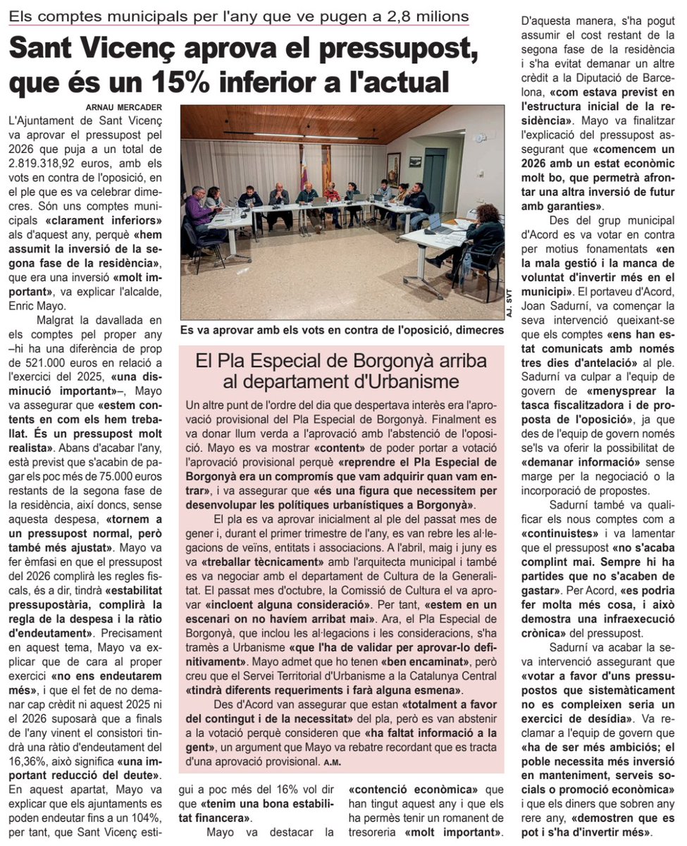 ✅ <a href="/AjStVicencT/">Ajuntament SVT</a> va donar llum verda al pressupost pel 2026 que puja a 2,8 milions, però serà un 15% inferior a l'actual, és a dir, una diferència de prop de 521.000 €

📌 També es va aprovar provisionalment el Pla Especial de Borgonyà que serà tramès a Urbanisme

<a href="/settorello/">Setmanari Torelló</a>