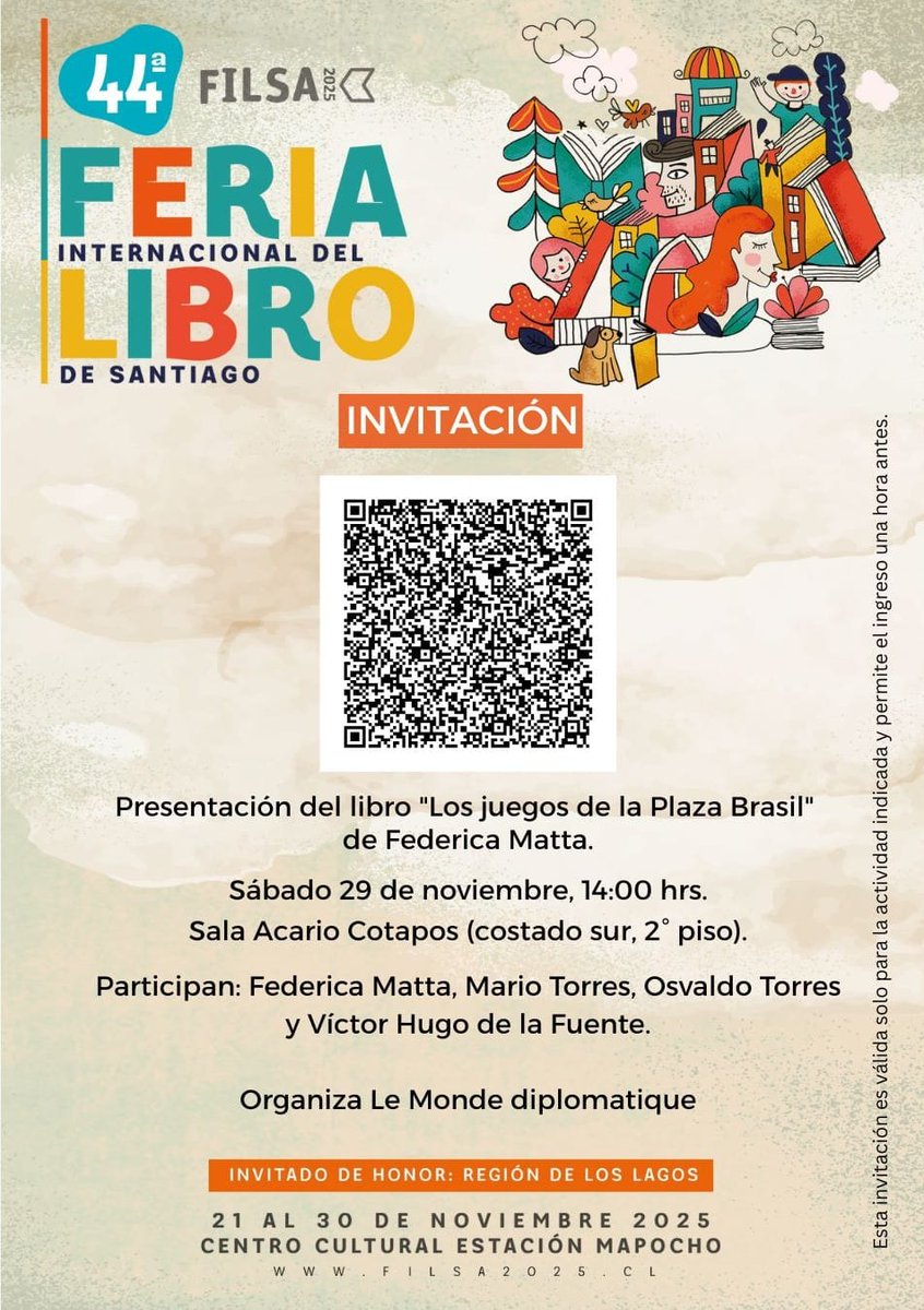 libioperez's tweet photo. Invitaciones de @LMDiplo_Chile a presentaciones de libros en la #Filsa este sábado y domingo Escanea el QR y obtienes entrada liberada https://t.co/cmxACtdJEn
