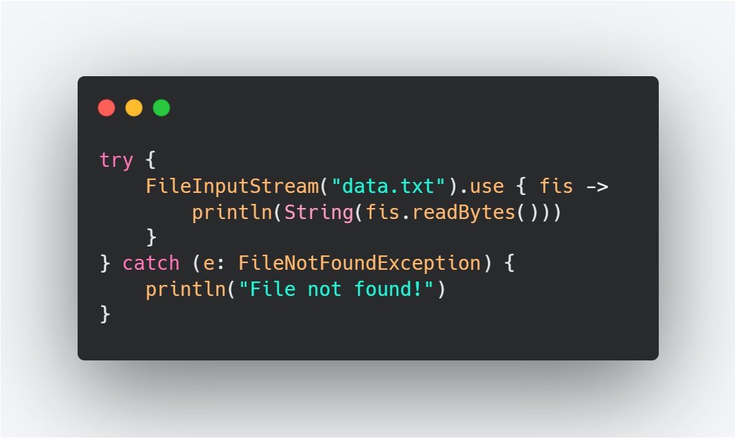 Vrushali0988's tweet image. Kotlin Tip:
Use use {} for automatic resource closing — just like Java’s try-with-resources.
Wrap it in try–catch to handle missing files 🔽
Clean✅ Safe ✅ Idiomatic ✅
#Kotlin #AndroidDev #CleanCode