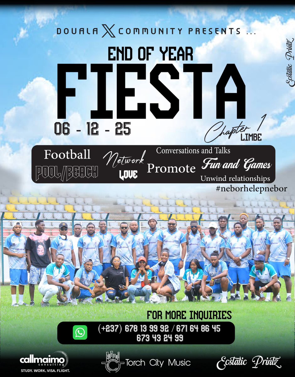 Save the date! 📅 
Douala X Community presents the End-of-Year FIESTA! 🌴⚽
06-12-25 • Limbe — Chapter 1
Fun, games, networking, and pure vibes! 

Come one, come all. You can DM us or WA the numbers on the flyer for more info.