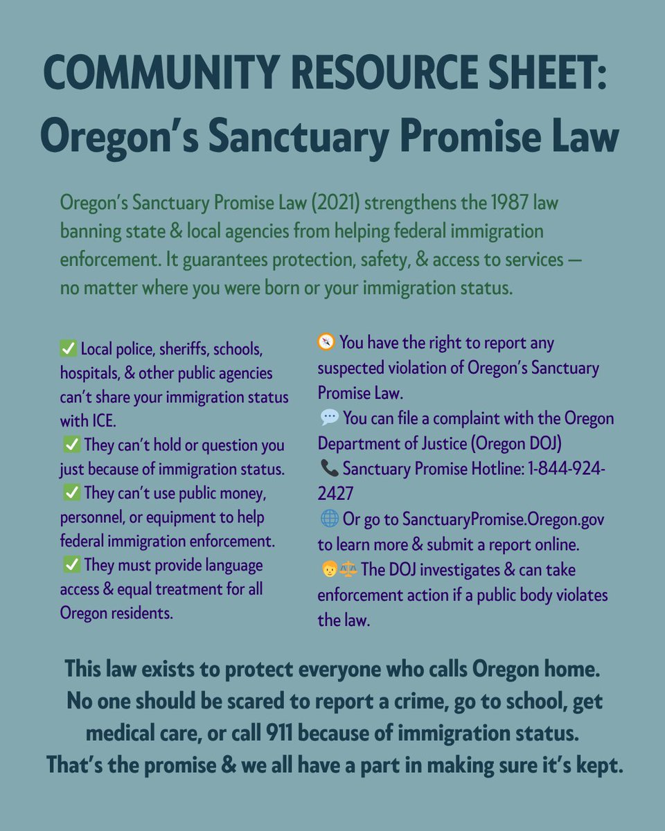 TheStatesUnited's tweet image. Our communities only work when everyone is safe enough to show up.
Oregon’s Sanctuary Promise Law protects that right.
Know it. Share it. Defend it.