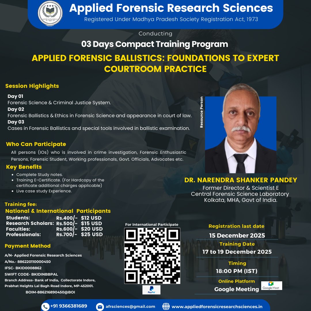 ForensicFor's tweet image. 𝙁𝙤𝙧𝙚𝙣𝙨𝙞𝙘 𝘽𝙖𝙡𝙡𝙞𝙨𝙩𝙞𝙘𝙨 𝙒𝙤𝙧𝙠𝙨𝙝𝙤𝙥 📢

🌐 Register Now &amp;amp; Boost Your Forensic Expertise!
forms.gle/c4f92GrcBLhmda…

AFRS || Compact Training Program || Forensic Science