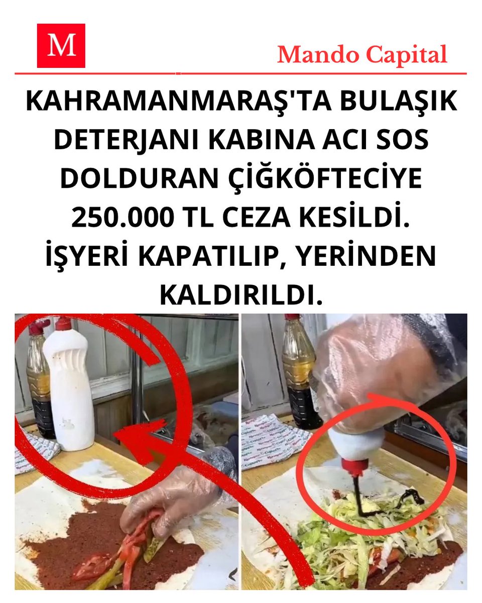 Kahramanmaraş'ta bulaşık deterjanı kabına acı sos dolduran çiğköfteciye 250.000 TL ceza kesildi.
İşyeri kapatılıp, yerinden kaldırıldı.
#Hayırlı_Cumalar #papa #CocaCola