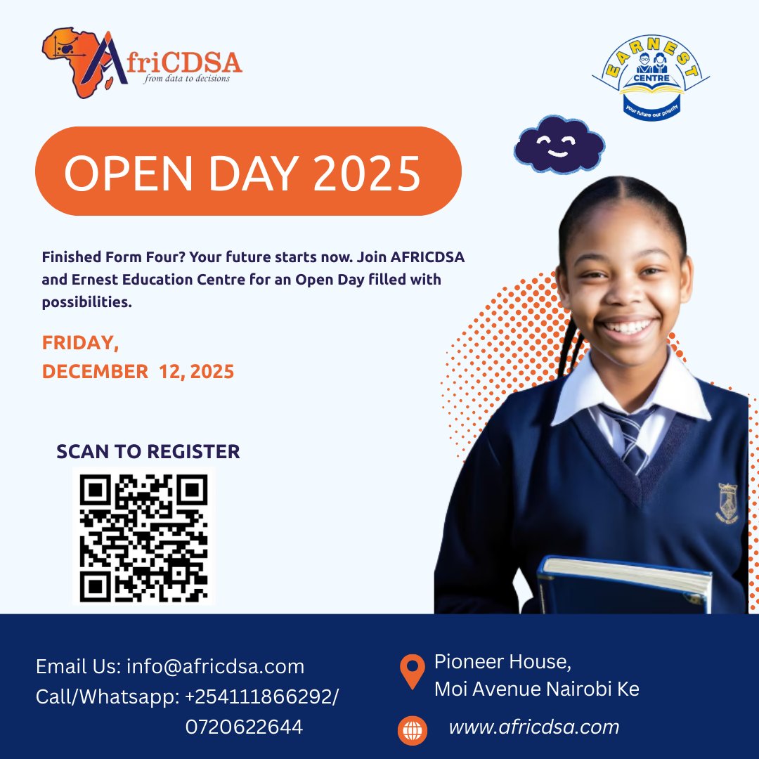 afri_cdsa's tweet image. Finished Form Four? Your future begins NOW!
Join AfriCDSA and Ernest Education Centre for Open Day 2025 on December 12th.
Discover courses, career guidance, and opportunities designed to shape your future.

Register here: zurl.co/1sdix 
#OpenDay2025 #AfriCDSA…
