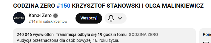 Na początku oglądało 3500 osób, pod koniec  było 12 000, teraz jest już 20 razy więcej. 
<a href="/OficjalneZero/">OficjalneZero</a> Gratulacje. 
Pani <a href="/OMalinkiewicz/">Olga Malinkiewicz, PhD</a>, alleluja i do przodu i jazda z ... (byzmesmenami).