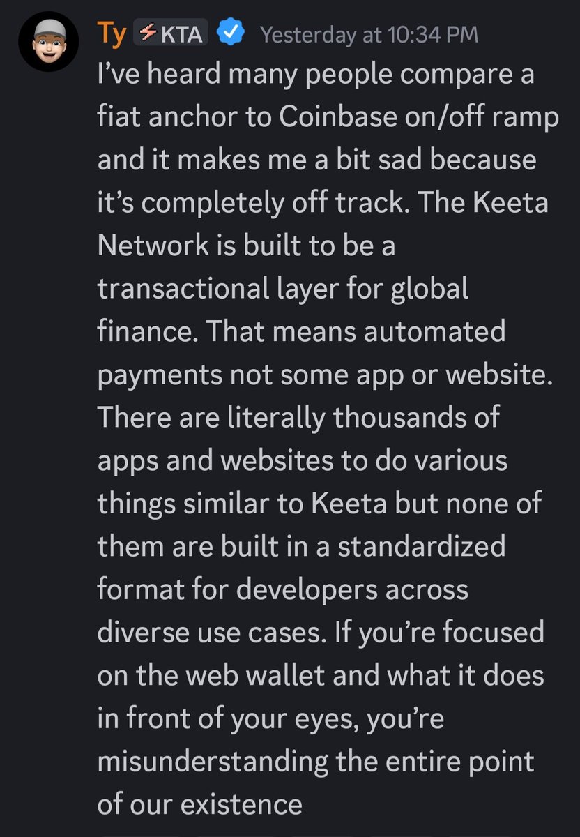 guitarquant's tweet photo. The @keetanetwork is light years ahead of where it was when $KTA was at all-time highs around $1.60. Keeta main net has been running smooth for months with anchors and apps from:
@alpacadex $PACA (on-chain exchange)
@MurphyOnKeeta $MURF (first FX anchor and community coin)
@footprint_hq (identity anchor for apps that request KYC to remain compliant with government regulations)

And soon to launch @Stablecoin from @stripe (now on Keeta testnet). The @Stablecoin Fiat anchor appears to permit fiat fund transfers directly to or from Keeta's network through traditional banking rails like ACH or SEPA. It also looks like it will allow users to turn their own Keeta accounts into personal neobanks, allowing easily made and managed self-custodial accounts that can tap into traditional banking and payment rails.

As Keeta network grows with additional anchors and apps, the network becomes exponentially more powerful as the different anchors can connect to each other, creating long tensile webs of customizable interconnected financial tools.

The network was built and engineered alongside @GoogleCloudTech and backed by Google founder @ericschmidt as lead investor. This is important because the network can scale to millions of transactions per second while maintaining sub 1 second finality without exponential cost increases.

The foundation of Keeta is now in place and the structure is quickly being built on top. It's only a matter of time until new generation crypto networks revolutionize value custody and transfer. Keeta is extremely well positioned to lead that front.