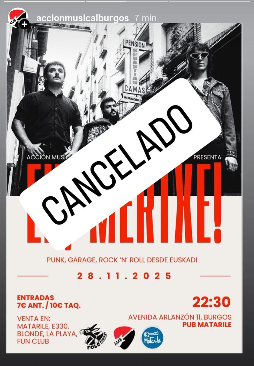 Sentimos comunicaros la cancelación del concierto de esta noche por causas ajenas al grupo, a  Acción Musical Burgos y a la sala Matarile
Las entradas anticipadas previamente compradas serán devueltas en los puntos de venta donde las adquiristeis. 

Nos vemos en los conciertos.