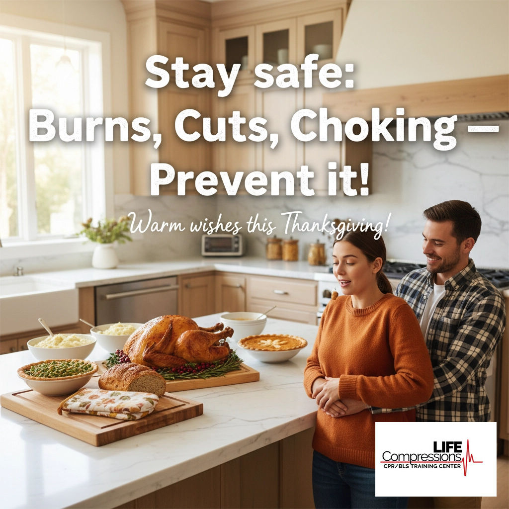 LifeCompression's tweet image. Cooking with friends &amp;amp; family? Keep it safe! Cool down burns, cut away from your body, and know choking first aid. Celebrate smart: learn lifesaving tips at Life Compressions! #ThanksgivingSafety #HolidayCooking #CPRTraining #KitchenHacks