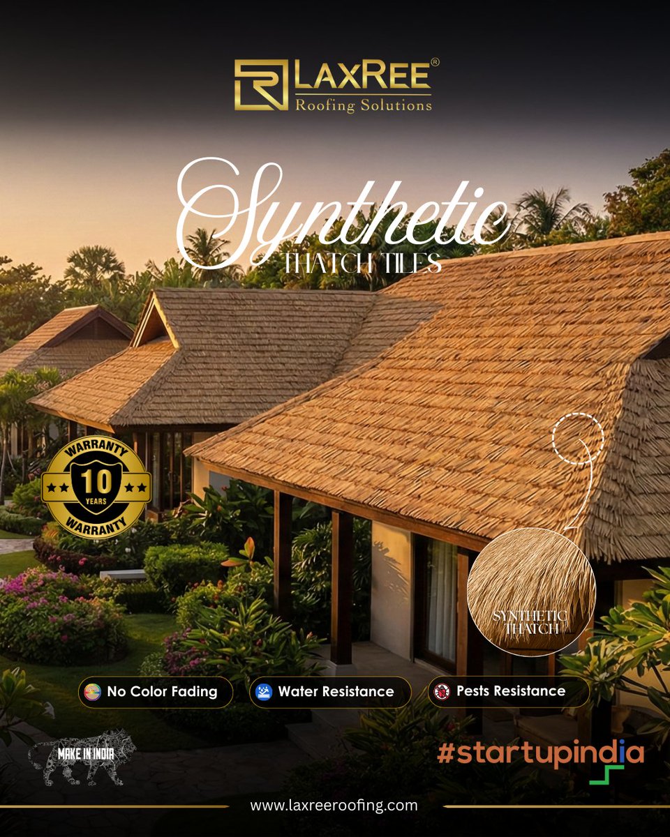 LaxReeRoofing's tweet image. Synthetic Thatch Tiles 
look 100% natural 

✅ No Color Fading
✅ Pest Resistant
✅ Water &amp;amp; Fire Resistant
✅ 10-Year Warranty: Peace of mind, guaranteed.

📞 +91-9251683656 
🌐 laxreeroofing.com

#Laxree #LaxReeRoofing #SyntheticThatch #MadeInIndia #RoofingSolutions