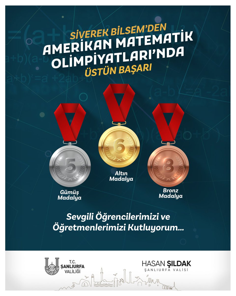 🟡Siverek BİLSEM öğrencilerimizin uluslararası alanda elde ettiği büyük başarı hepimizi gururlandırdı…

🔵Amerikan Matematik Olimpiyatı’na katılan 27 öğrencimizden; 
6 öğrencimiz altın, 
5 öğrencimiz gümüş, 
8 öğrencimiz ise bronz madalya kazanarak Temmuz 2026’da Singapur’da