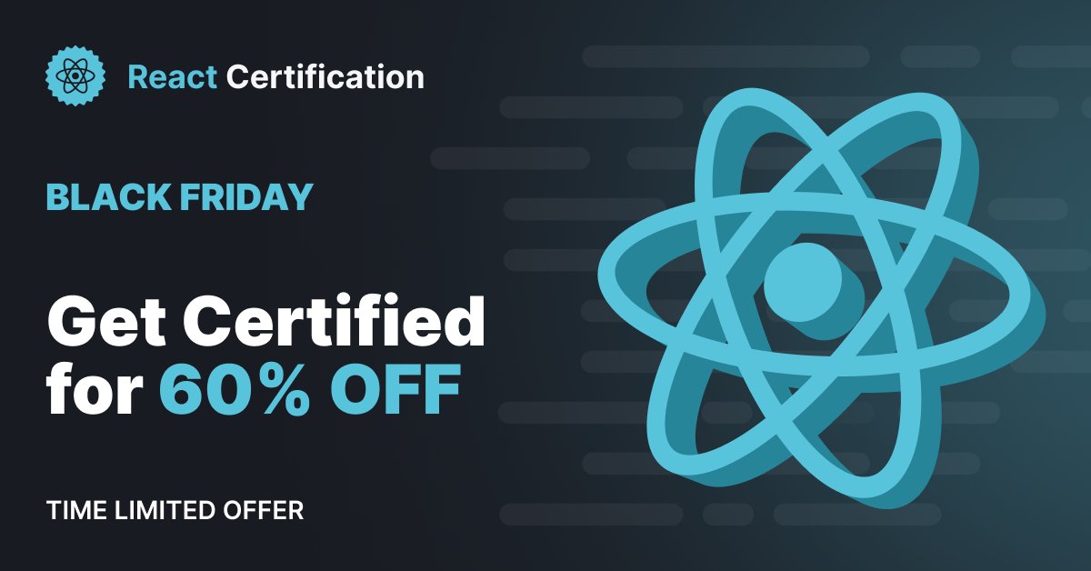 ReactNorway's tweet image. Our partners at @CertificatesDev are running a Black Friday Week.

React, JavaScript, Angular, and official Vue.js &amp;amp; Nuxt certifications are now up to 60% off!

Built with GDEs, MS MVPs, and framework creators, and trusted by 600+ companies all over the world.…