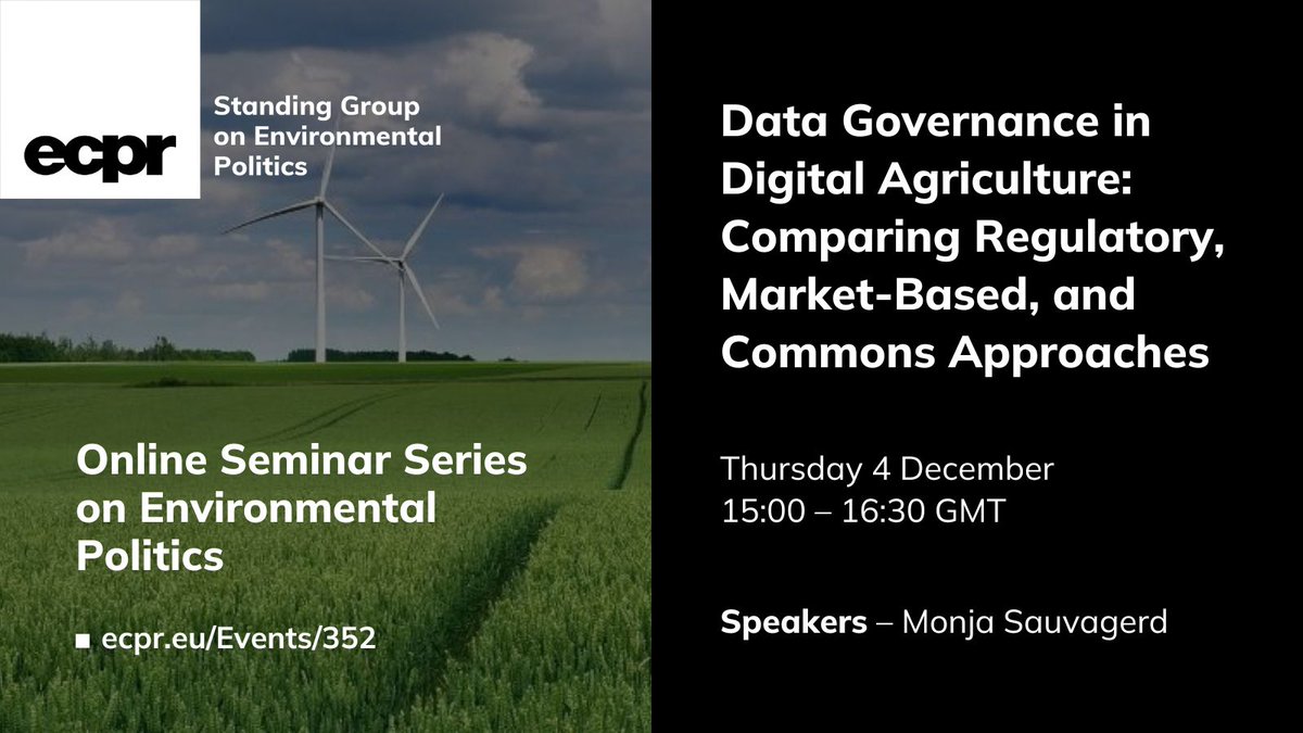 ECPR's tweet image. 🛎️ Next week in #EnvironmentalPolitics #ECPRSeminars ⤵️
🗣️ Monja Sauvagerd debates platform governance and highlights the need for governance models that align private incentives with broader public value 
💻 4 Dec, 15:00–16:30 GMT
✍️ FREE ecpr.eu/Events/352